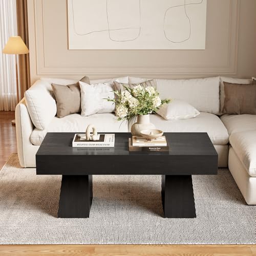 LITTLE TREE Farmhouse Coffee Table, 47 Inches Wooden Rectangular Accent Center Tables with Thick Base, Modern Low Cocktail Tea Furniture for Living Room (Black) LITTLE TREE