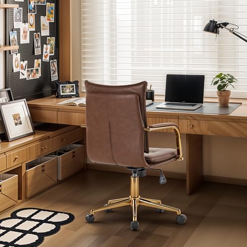 MOJAY Mid-Back Ergonomic Leather Office Desk Chair, Modern Upholstered Computer Chair, Executive Office Chair with Arms, Swivel Adjustable Rolling Chair with Gold Base (Brown) MOJAY