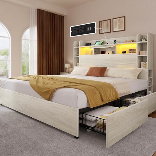 YITAHOME King Bed Frame with Bookcase Headboard and 4 Storage Drawers, RGB LED Light Bed with Type-C & USB Charging Station Storage Headboard Bed Frame, No Box Spring Needed, Noise Free, Antique White YITAHOME