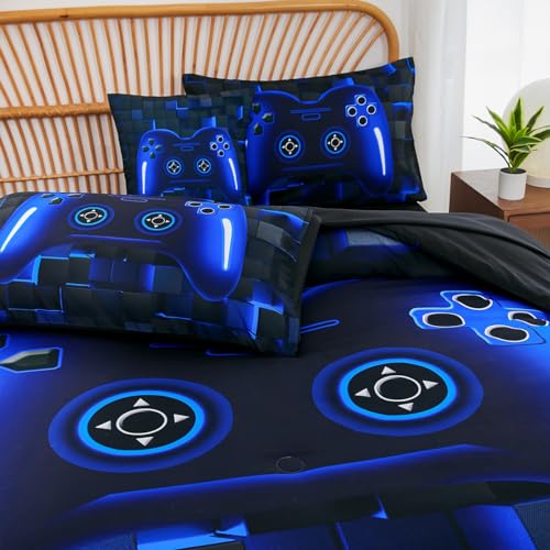 PERFEMET Twin Size Bed in A Bag 6 Pieces Gaming Bedding Set for Boys Blue Gamer Comforter with Sheet Set for Kids Teen Cool Video Game Black Quilt Bedding Set(Blue, Twin) PERFEMET