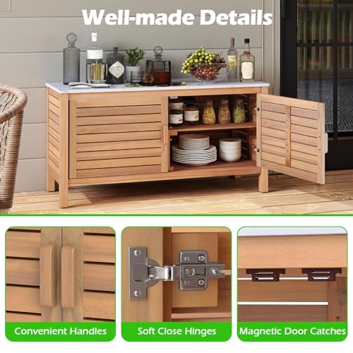 Goplus Patio Storage Cabinet, 2-Door Acacia Wood Console Table with Faux Marble Top, Outdoor Wooden Sideboard for Deck, Garden, Backyard & Entryway Goplus