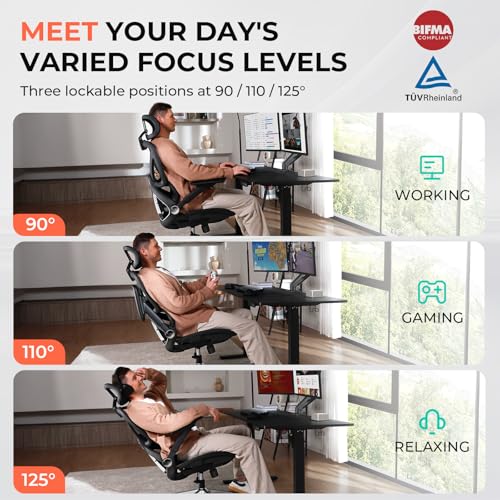 CAPOT Ergonomic Mesh Office Chair, Adjustable Lumbar High Back Desk Chair 400lbs, 4D Flip-up Arms, 3-Level Tilt Backrest, 3D Headrest, PU Wheels, Swivel Rolling Computer Seating for Long Desk Work CAPOT
