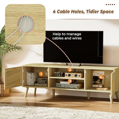 SUPERJARE Boho TV Stand for 55 Inch TV, Entertainment Center with Adjustable Shelf, Rattan TV Console with 2 Cabinets, Media Console, Solid Wood Feet, 4 Cord Holes, for Living Room - Natural SUPERJARE