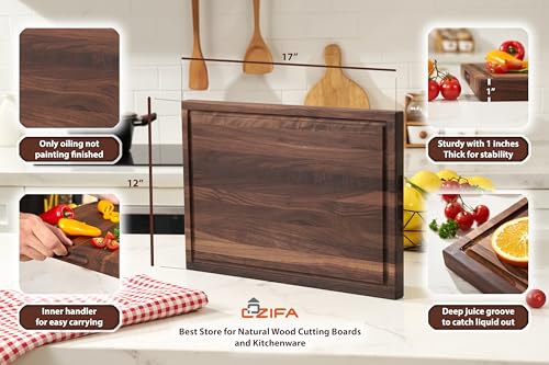 Cozifa American Walnut Wood Cutting Board 17"Lx12"Wx1"Thick for Kitchen with Juice Groove, Inner Handles, Gift Box; Wooden Chopping Board Finished COZIFA