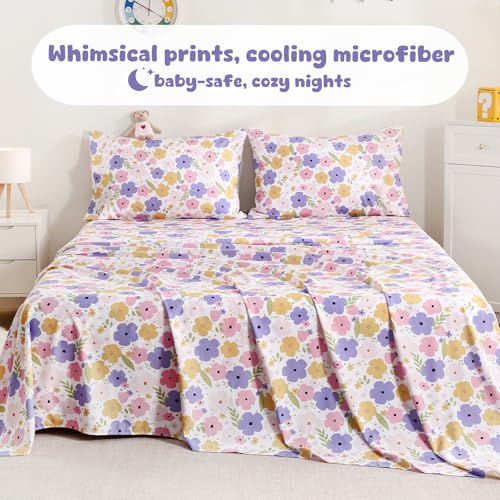 LONAVA Twin Sheet Set Kids - 3 Pieces Soft Microfiber Cartoon Style Bedsheets for Boys Girls Teens, Oeko TEX, Breathable Deep Pocket Sheets, (Flower) LONAVA