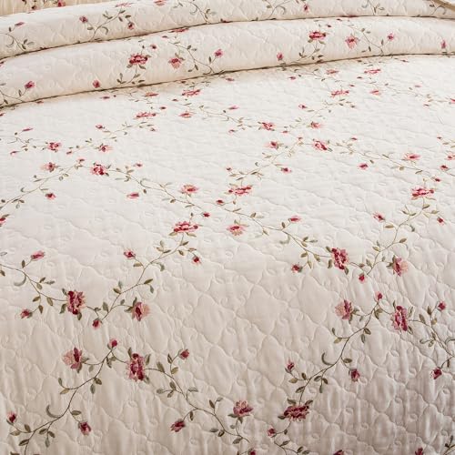 Quilt Set Classical 3D Floral Embroidery Pattern 3-Piece Cotton Reversible Quilted Embroidered Decorative Bedspreads Coverlet Bedding Set, Lightweight &Soft,Beige,King Size ROOMLIFE
