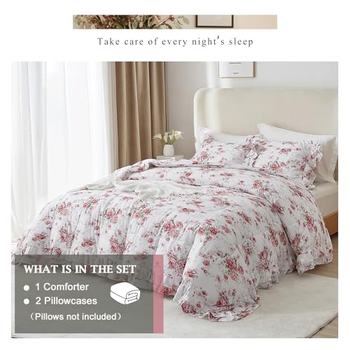 VM VOUGEMARKET Ruffle Comforter Set Twin XL Red Rose Flower Comforter Romantic Floral Bedding Set Soft Microfiber Botanical Bedding Comforter Set 1 Flower Ruffled Comforter with 2 Pillowcases VM VOUGEMARKET