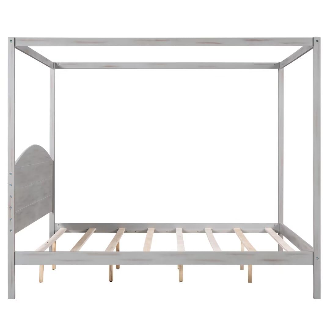 JIJIWANG King Size Canopy Bed Wood King Platform Bed Frame with Headboard and Slat Support Leg, 4 Posters King Bed Frame for Kids Teens Adults - Grey Wash JIJIWANG