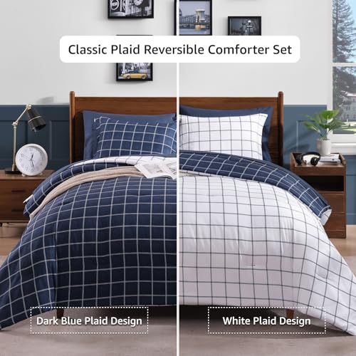 AMBERSPACE Plaid Twin XL Comforter Set Dark Blue, Reversible Checkered Bedding Set 5 Pieces for Boys Girls Teen, Lightweight Bed in a Bag for Dorm with Sheets, Pillowcase & Sham AMBERSPACE