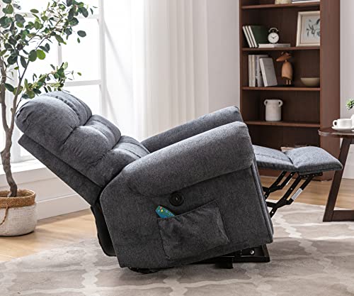 ANJ Large Power Lift Recliner Chair with Massage and Heat for Elderly Big People, Electric Wide Recliners, Heavy Duty and Safety Motion Fabric Reclining Mechanism with USB Ports, Side Pocket, Grey ANJ