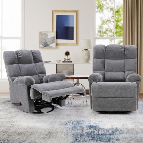 CANMOV Swivel Rocker Recliner for Adults,Glider Rocking Reclining Chair for Nursery,Manual Recliner Chair with Overstuffed Back and Arms for Living Room Bedroom Nursery,Grey