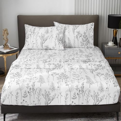 HYPREST Floral Sheets Queen Size,18 inches Deep Pocket Sheets, 1800 Thread Count Black and White Leaf Floral Bed Sheets Soft Breathable Cute Aesthetic Shabby Chic Bed Sheets, Oeko-Tex Certificated. HYPREST