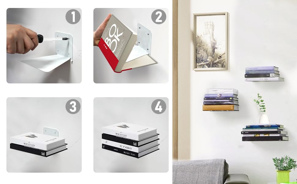 Atsgke Invisible Floating Bookshelf - Modern White Wall Mount Metal Shelves for Room, Bedroom Bookcase, Small Bookshelf with Minimalist Design, Sleek Storage for Books & Decoratives(4PCS) Atsgke