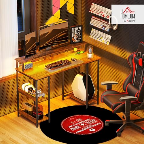 HOMCOM 47" Gaming Desk with Power Outlets and LED Lights, Reversible Computer Desk with Monitor Stand and 2-Tier Storage Shelves, Cable Management, for Home Office, Rustic Brown HOMCOM