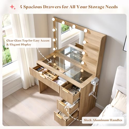 AMERLIFE 36.2" Fluted Vanity Desk with Mirror and Adjustable LED Lights, Large 4 Drawers Makeup Table with Glass Top and Charging Station for Women and Girls, Bedroom or Dorm, Natural Oak AMERLIFE