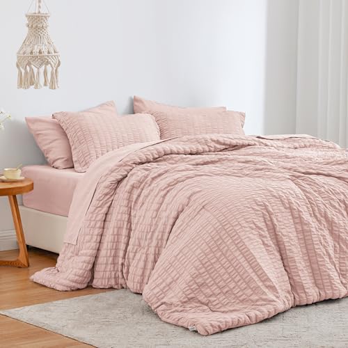 Love's cabin Seersucker Pink Twin Comforter Set, 5-Piece All Season Lightweight Bed in a Bag Bedding Set with Comforter, Flat Sheet, Fitted Sheet, Pillowcase and Sham Love's cabin