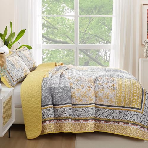 WONGS BEDDING Yellow Quilt Set Full,Bohemian Patchwork Bedspread Coverlet Set, Reversible Boho Floral Pattern Bedspreads Bedding Quilt Set for All Seasons (78"x90") WONGS BEDDING