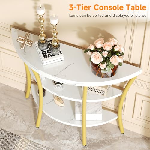 39.4" Console Table with Half Moon Wood Shelves, 3 Tier Modern Entryway Table with Curved Metal Frames, Narrow Sofa Couch Table for Hallway, Entrance, Living Room, Foyer, White Marble & Gold knoworld