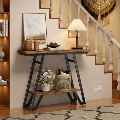 Cibert 41.3" Narrow Console Table, 2-Tier Storage Entryway Table with Faux Marble Top & Metal Frame, Sofa Table Behind Couch Table Hallway Table for Entrance Foyer Living Room Bedroom, Rusitc Brown Cibert