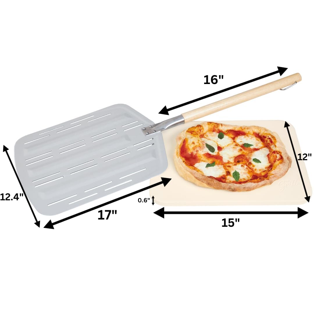Hans Grill Pizza Stone PRO XL Baking Stone For Pizzas use in Oven, Grill or BBQ FREE Long Handled Anodised Aluminium Pizza Peel | Rectangular Stone 15 x 12" Inches | For Pies, Pastry, Bread, Calzone Hans Grill