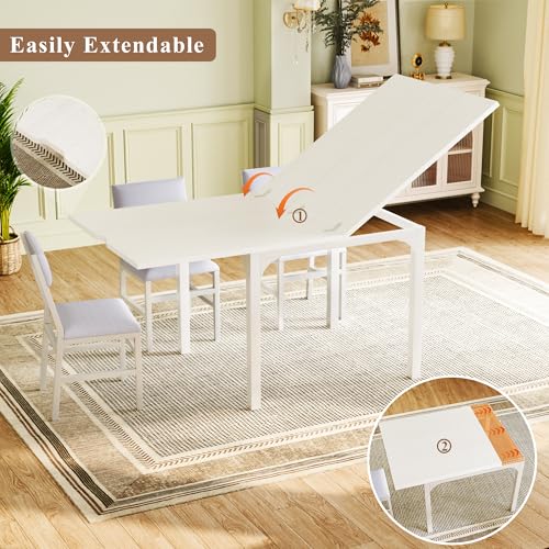 7-Piece Dining Table Set for 4-6, Extendable Kitchen Table Cushion Chairs Set of 6 with 6 Chairs, Rectangle Dining Table with Metal Frame & MDF Board, Folding for Small Apartment Saving Space, White HUAHUU
