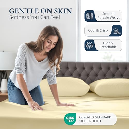 LANE LINEN Twin Fitted Sheets, 100% Organic Cotton 2-Piece Set (1 Fitted Sheet, 1 Pillowcase), Percale Weave, Bottom Sheet, Soft, Breathable, Fits Mattress Upto 15' Deep - Vanilla (No Flat Sheet) LANE LINEN