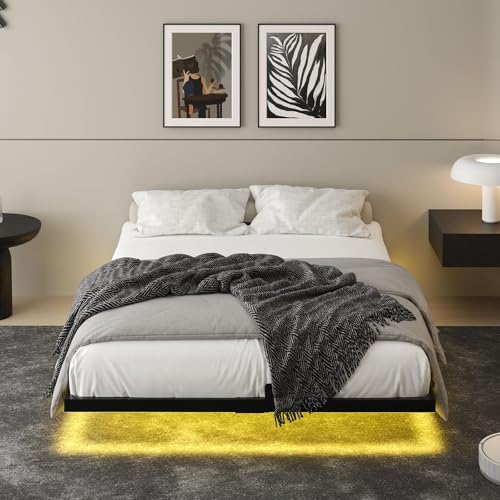 HOMBCK Floating Bed Frame Full Size with LED Light, Modern Metal Bed Frame, No Box Spring Needed, Noise Free, Easy Assembly HOMBCK