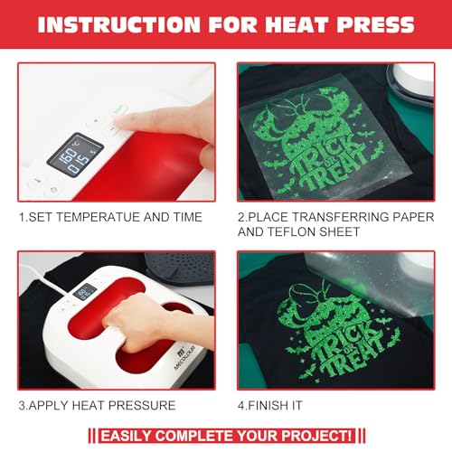MECOLOUR Heat Press Machine for T Shirts, Portable Heat Press 9"X9" With Heat Press Mat, PTFE Teflon and 8 Pcs Tshirt Ruler Guide, Tshirt Press Machine for Sublimation, HTV, Heat Transfer Projects Red MECOLOUR