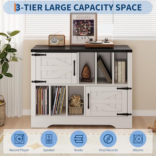 39" Large Record Player Stand with Vinyl Storage, Farmhouse Wood Vinyl Record Storage Cabinet with Barn Doors, Mid-Century Modern Turntable Stand for Living Room, White IDEALHOUSE