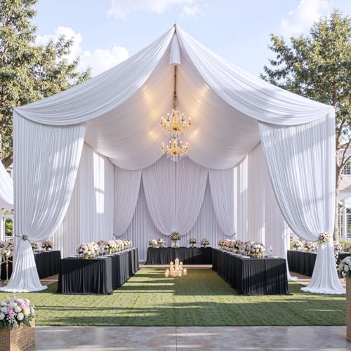 20 ft×20 ft White Ceiling Curtain Drapes for Weddings Parties, Wrinkle Free Polyester Draping Fabric White Drapery for Party Tent Canopy Hotel Banquet Hall Ceiling Decor-4 Panels 5×20ft leegleri