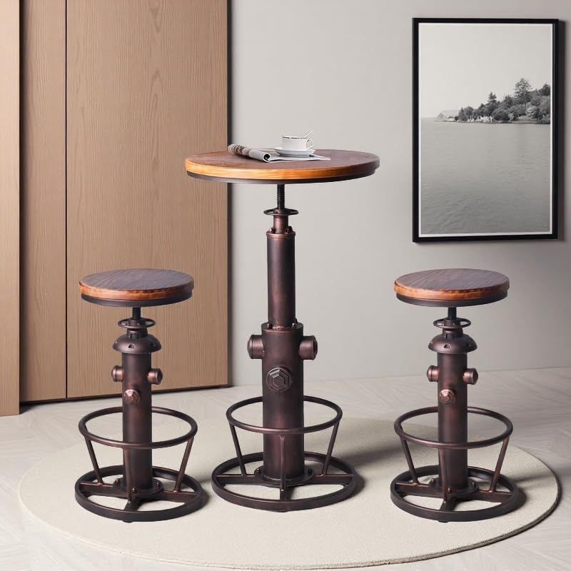 BOKKOLIK Industrial Bar Table Swivel Round Wooden Top Height Adjustable 38.6-44.4inch Vintage Kitchen Dining Chair Coffee Table Hydrant Design Bistro Table BOKKOLIK