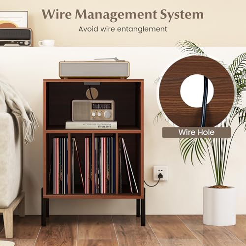 GOFLAME Record Player Stand with Charging Station, Turntable Stand Holds Up to 150 Albums, Vinyl Record Holder with 5 Storage Compartments and Metal Legs for Living Room Bedroom Office, Walnut GOFLAME