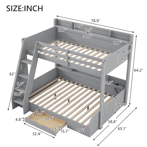 Twin over Full Bunk Bed with Storage Shelves, Wood Twin Bunk Beds with Ladder and Built-in Drawer, Multifunctional Bunk Bed Frame with Led Lights and Charging Station for Kids Girls Boys, Gray Harper & Bright Designs