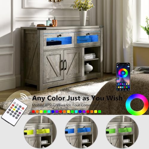 EXQUAL Sideboard Buffet Cabinet with Storage, 47" Kitchen Storage Cabinet with LED Lights, Farmhouse Coffee Bar with 2 Barn Doors for Kitchen Dining Room, Hallway, Living Room EXQUAL