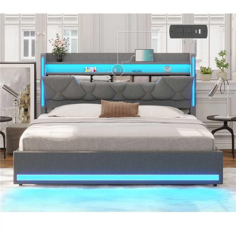 busyaeh Queen Bed Frame with Storage Headboard, Metal Bed Frame with LED Lights & Charging Station, Upholstered Queen Bed with Marshmallow Headboard, No Box Spring Needed, Easy Assembly,Dark Gray busyaeh