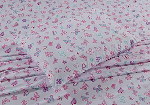 Kids Zone CollectionKids Zone Home Linen Twin Size Sheet Set for Girls and Teens Butterfly Pink Purple Turquoise White New Kids Zone Home Linen