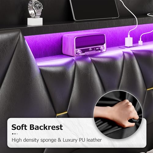 BYSAUD Floating Bed Frame with Hidden Storage in The Openable Marshmallow Headboard,King Size Bed Frame with Charging Station Including 2 Standard Sockets & Led Lights,PU Leather (King) BYSAUD