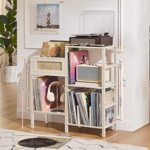 LELELINKY Record Player Stand, White Cream Oak Wood Record Holder with Vinyl Storage Holds up to 300+ Albums, 3-Tier Rattan Media Table with Vinyl Display Shelf, Record Storage Cabinet for Living Room LELELINKY