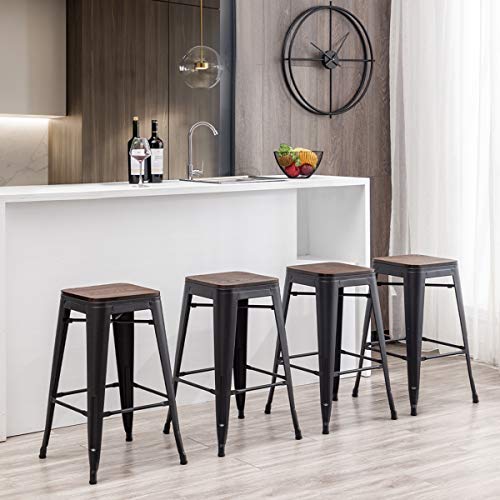 Alunaune 24" Metal Bar Stools Set of 4 Stackable Counter Height Barstools Backless Industrial Kitchen Bar Chairs with Wooden Seat-Matte Black Alunaune