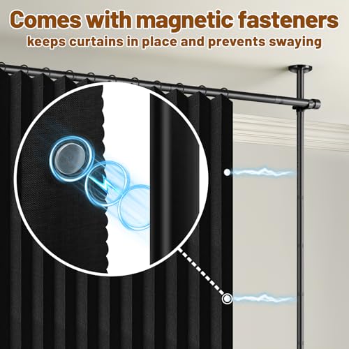 AJAZZ Room Divider Curtain (Black, W100 x L84 in, 1 Panel)+ Tension Curtain Rod No Drilling (H) 43-120×(W) 35-100 in, for Privacy/Soundproof Curtains, Heavy Duty Wall Separator AJAZZ