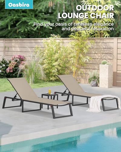 Oasbira Aluminum Chaise Lounge Chair Outdoor, Foldable & No Assembly Patio Pool Lounge Chairs 5-Position Recliner for Outside Poolside, Fully Grounded Legs Sun Lounger for Beach, Yard, Khaki