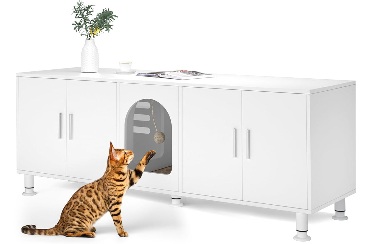 Amunrbrek Double Litter Box Enclosure, Litter Box Enclosure for 2 Litter Boxes, Modern Litter Box Furniture for 2 Cats, with Cat Door & Motion Light (White) amunrbrek