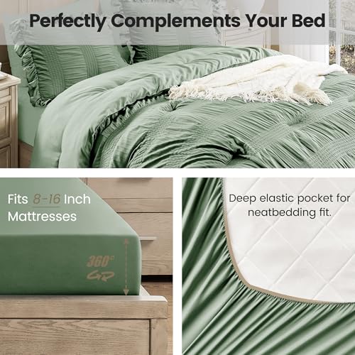 QUIETSEA Twin Comforter Set Seersucker 5 Pieces Luxury Ruffle Bed in a Bag Twin Size for All Season Green Bedding Set with Comforter, Pillowcase, Flat Sheet, Fitted Sheet and Pillow Sham QUIETSEA