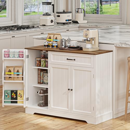 Gizoon Kitchen Coffee Bar Cabinet with Storage Kitchen Sideboard Buffet Cabinet with Drawers, Short Pantry with Door and Shelves for Bathroom and Living Room, White and Rustic Gizoon