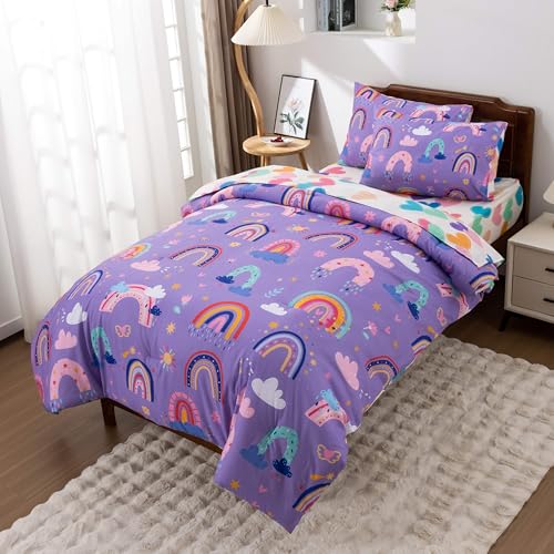 Btargot 5 Piece Dark Purple Rainbow Comforter Set for Girls Boys Kids, Twin Size Cartoon Love Hearts Flowers and Sun Star Bedding Set, Bed in a Bag with Comforter, Sheets and Pillowcases Btargot