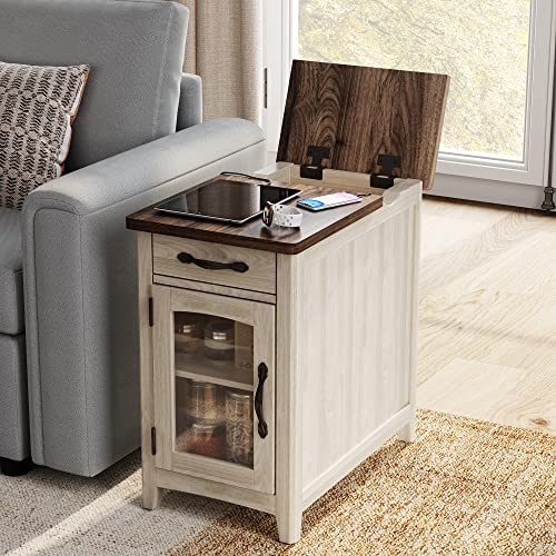 LINSY HOME Farmhouse End Table with Charging Station, Narrow Side Table for Living Room, Sofa Side Table with Drawer and Storage Cabinet, Small Nightstand for Bedroom LINSY HOME