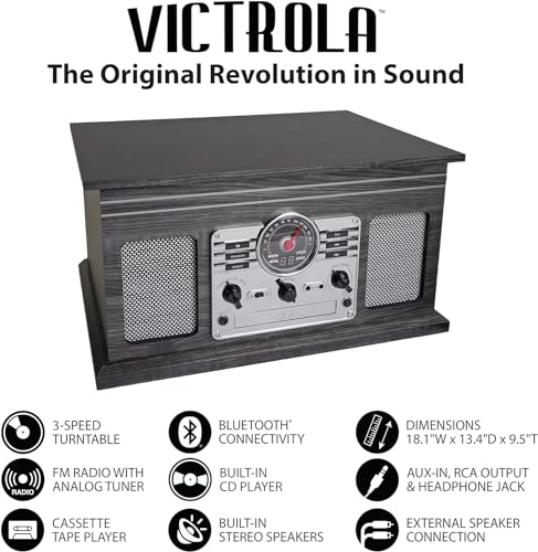 Victrola Nostalgic 6-in-1 Bluetooth Record Player & Multimedia Center with Built-in Speakers - 3-Speed Turntable, CD & Cassette Player, FM Radio | Wireless Music Streaming | Natural Victrola