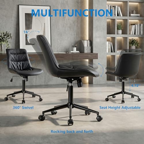 Rowill Faux Leather Office Chair, Ergonomic Armless Desk Chair with Waterproof Cushion & Slient Wheels & SGS-Certified Class 3 Gas Lift, Ideal for Home Office, Study and Vanity(Black) Rowill