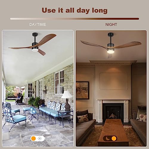 Wisful Ceiling Fans with Lights Remote Control, 56" Outdoor Wood Ceiling Fan with Light Memory for Patio Gazebo Living Room Bedroom, Walnut & Matte Black Wisful