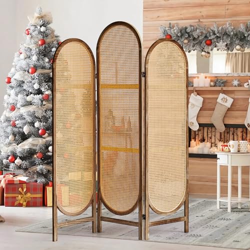 Aletheiawu 5.9 Ft Tall Hand-Woven Rattan Room Divider 3 Panels, Wood Room Divider Panel, Folding Screen Divider Wall, Wall Divider for Room Separation, Folding Privacy Screen, Home Office Brown Aletheiawu
